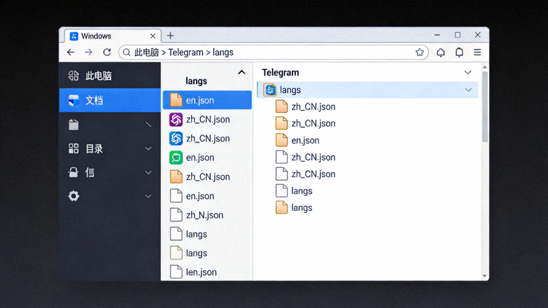 步骤二截图：在文件资源管理器中打开Telegram的langs语言文件夹