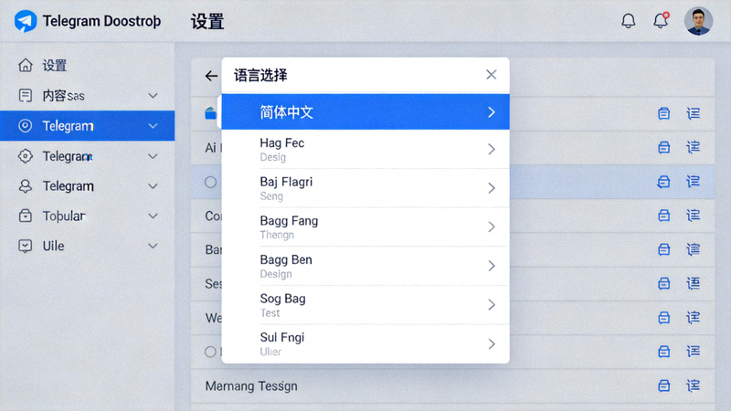 Telegram Desktop 设置界面截图 - 展示语言选择下拉菜单，其中包含简体中文选项