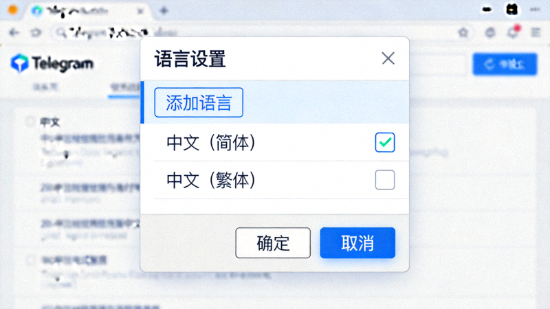 Telegram Desktop 语言设置界面截图 - 显示添加语言和选择中文的选项