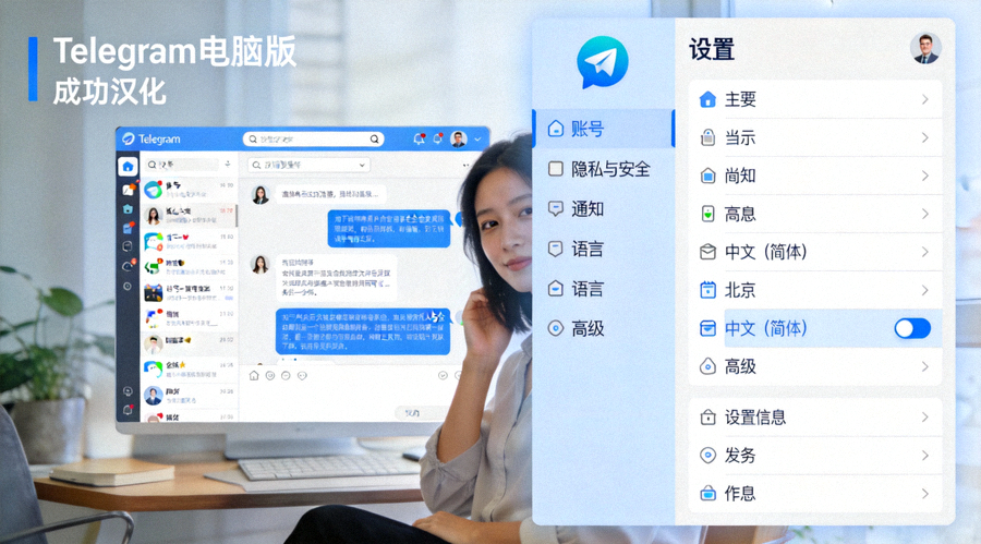Telegram电脑版中文界面完整截图展示 - 已成功汉化的主界面和设置菜单