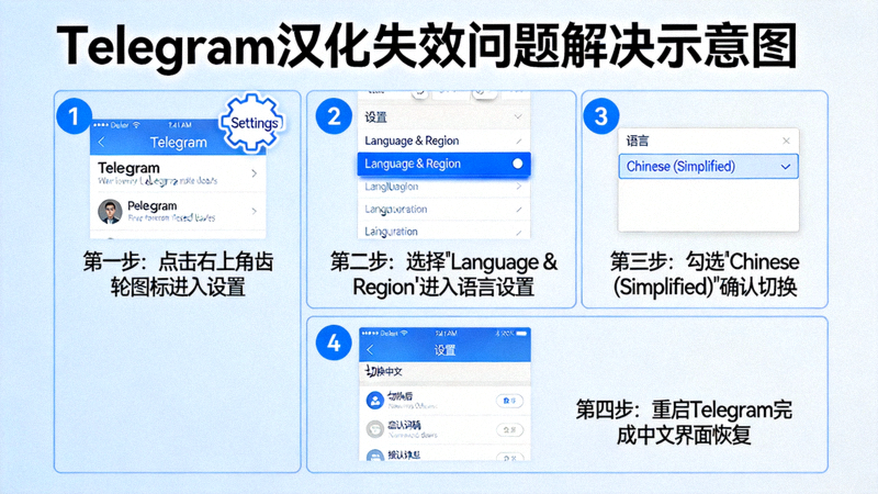 Telegram汉化失效问题解决示意图 - 展示从英文界面切换回中文界面的过程